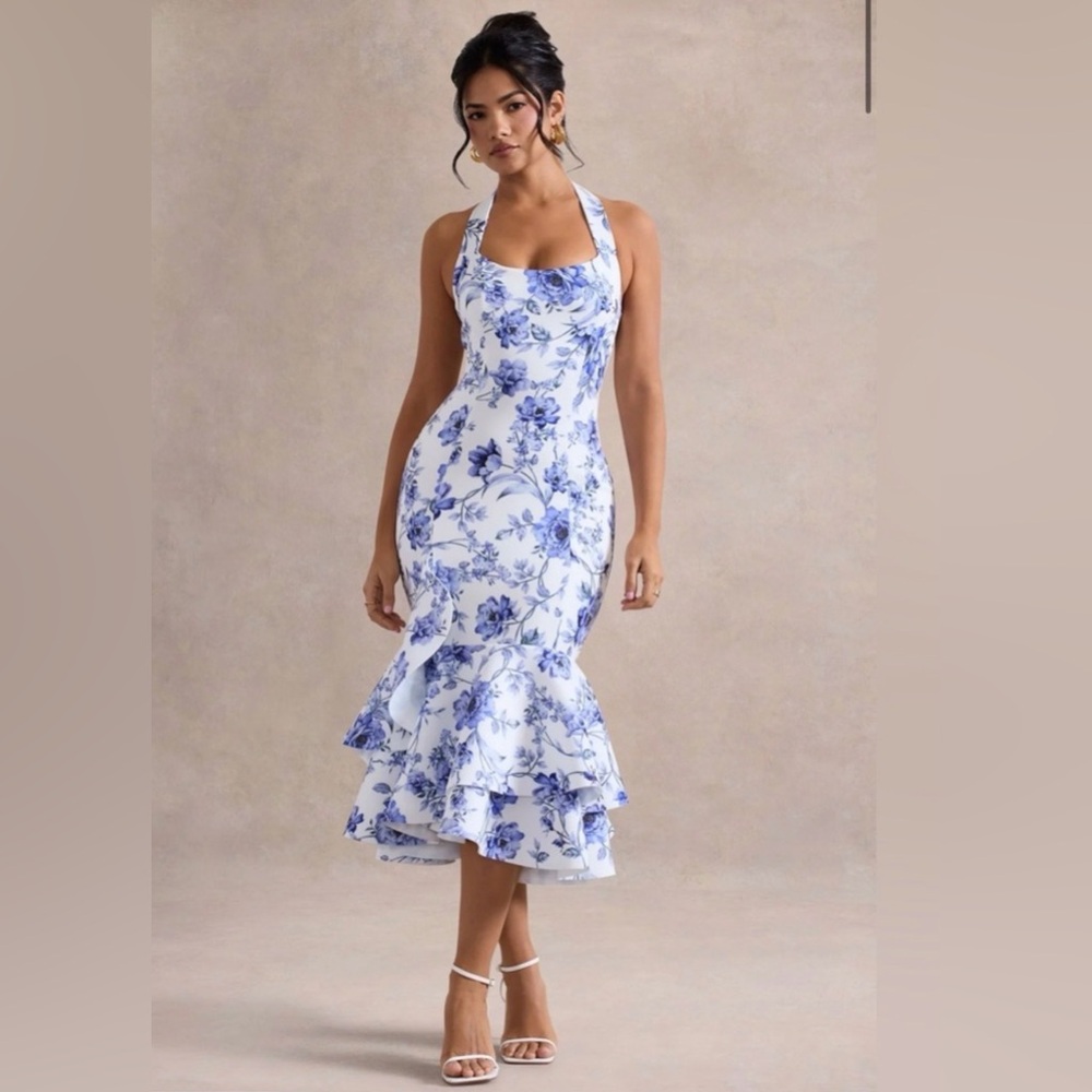 Club L London Blue Floral Ruffle Hem Bodycon Dress